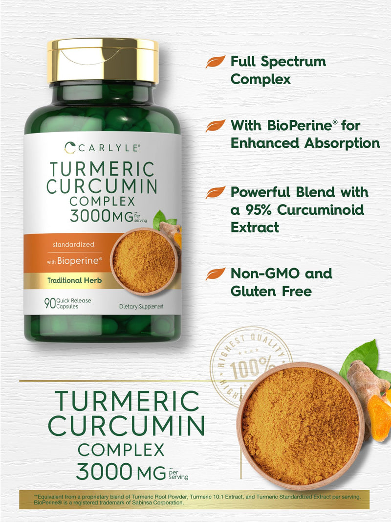 Carlyle Turmeric Curcumin with Black Pepper 3000mg | 90 Powder Capsules | Complex Supplement with Bioperine | Non-GMO, Gluten Free - BeesActive Australia
