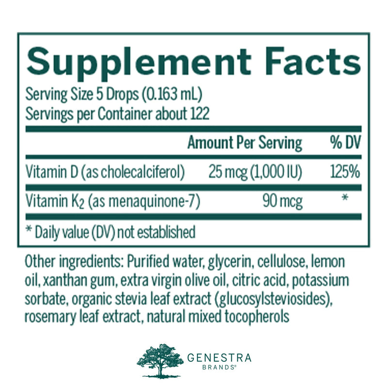Genestra Brands D3 K2 Mulsion, Natural Lemon, 122 Servings | Liquid Vitamins for Bone Health*, Vitamin D & K2 Supplements, Supports Bone Health*