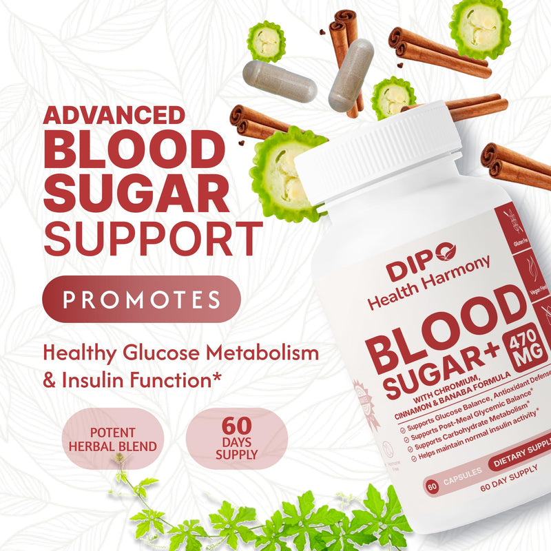 DIPO Blood Sugar Plus - Multi-Vitamin with Biotin, Chromium, Cinnamon, Banaba Extract & Alpha Lipoic Acid - Glucose & Carbohydrate Metabolism Support - 60 Vegan Capsules, Non-GMO