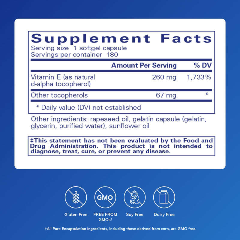 Pure Encapsulations Vitamin E, 180 Softgel Capsules | Antioxidant Protection and Cellular Function*, Contains Mixed Tocopherols, Non-GMO 180 Count (Pack of 1)