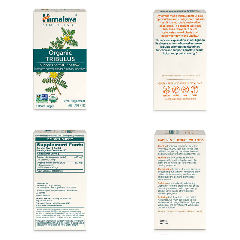 Himalaya Organic Tribulus Terrestris, Herbal Supplement for Urinary Support and Flow, Bladder Function, Prostate Support, Stamina, Male Energy, Non-GMO, USDA Organic, Vegan, 688 mg, 60 Caplets - BeesActive Australia