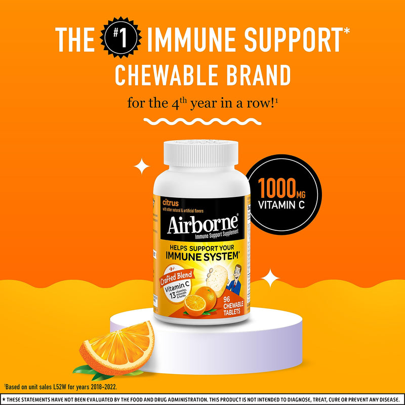Airborne 1000mg Chewable Tablets with Zinc, Immune Support Supplement with Powerful Antioxidants Vitamins A C & E - 96 Tablets, Citrus Flavor - BeesActive Australia