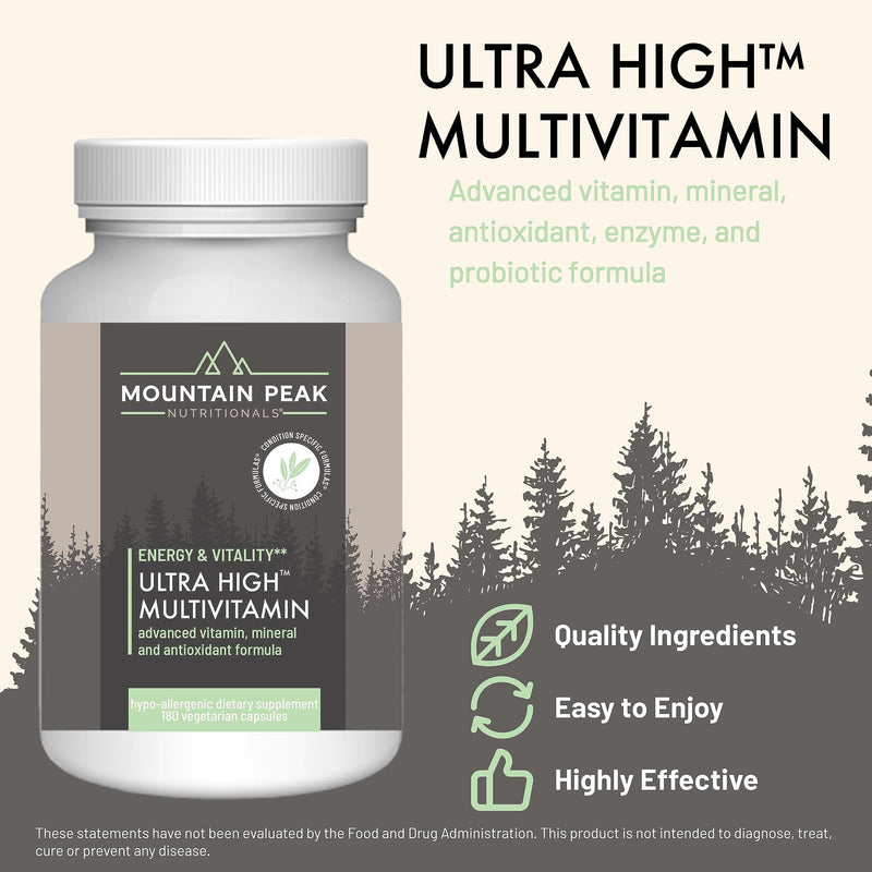 Mountain Peak Nutritionals Ultra High Multivitamin Men & Women 180ct | Vitamins A, B12, B6, C, D & E Plus Magnesium, Zinc, Folic Acid, Digestive Enzymes & Probiotics; 180 Vegetarian Capsules 180 Count (Pack of 1)