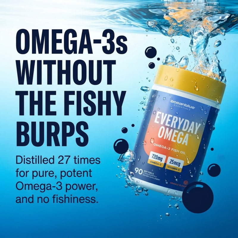 Oceanblue Essentials Everyday Omega-3 with Vitamin D3 - Burpless Fish Oil for Heart & Immune Support - EPA & DHA - Non-GMO - Orange Flavor - 90 Count (3 Month Supply) 90 Count (Pack of 1)