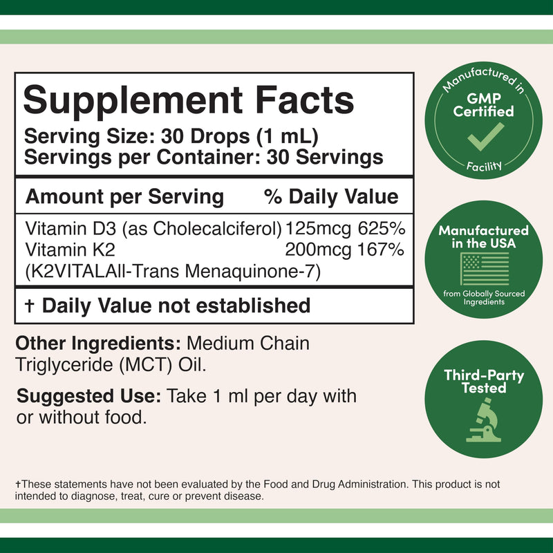 Vitamin D3 K2 5,000 IU Liquid Drops (5,000 IU of D3 and 200mcg of 99.9% All-Trans Patented K2 MK-7 (K2Vital)) Max Absorption Liquid Vitamin D Drops (30 Servings) by Double Wood (Pack of 2) 1 Fl Oz (Pack of 2)