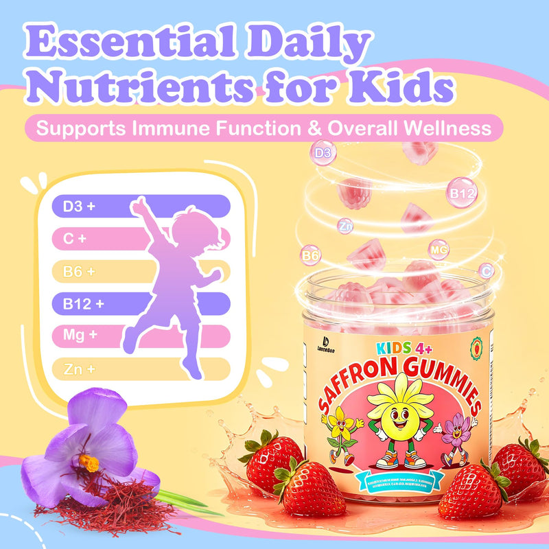Saffron Gummies for Kids, Magnesium for Sleep Gummies, Calm Mood Gummies | with 100mg Saffron Extract, Magnesium Glycinate, Vitamin D, Omega-3, GABA, Ashwagandha, Sugar Free Vegan Chewable, 120 CT