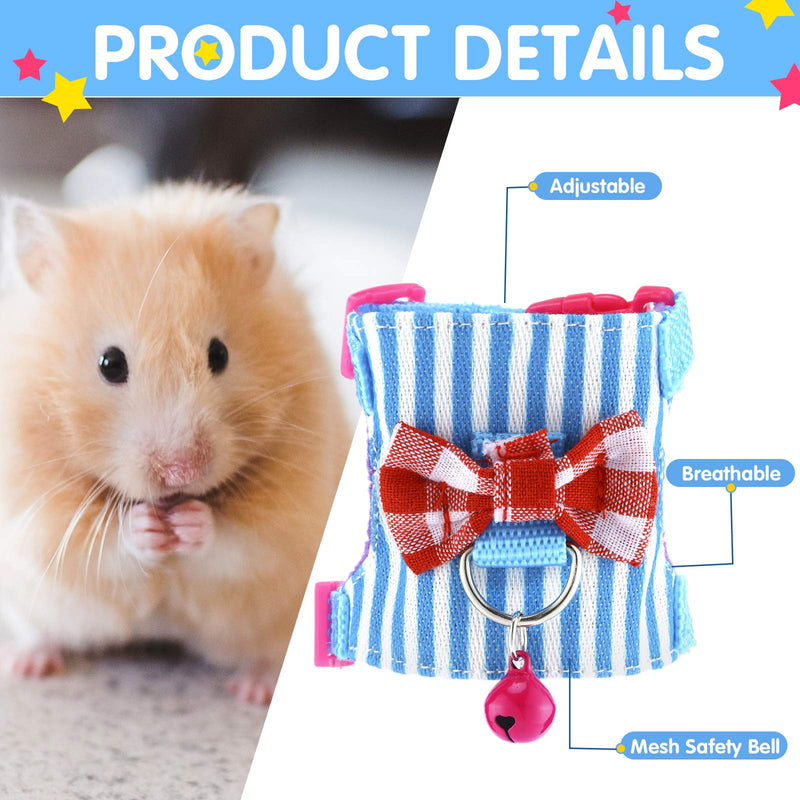 2 Pieces Hamster Harness and Leash Set for Walking, Small Guinea Pig Clothes with Bowknot Bell, No Pulling Comfort Padded Vest Striped for Guinea Pig Hamster Ferret, Small Animals (Blue, Black,S) S Blue, Black