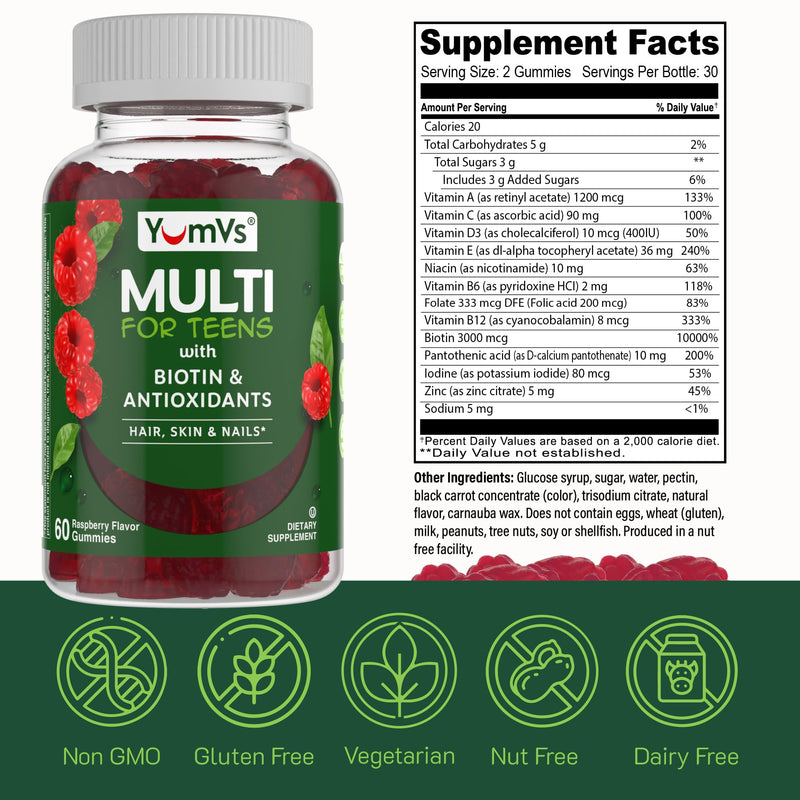 YUM-V'S Teen Multivitamin Gummies with Biotin & Antioxidants – Raspberry Flavor – Hair, Skin & Nails Support – Kosher Gummy Vitamins for Teen Boys & Girls Ages 12–17 – 60 Count 60 Count (Pack of 1)
