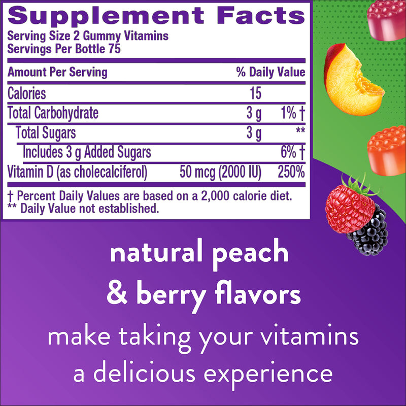 Vitafusion Vitamin D3 Gummy Vitamins for Bone and Immune System Support, Peach, Blackberry and Strawberry Flavored, 50 mcg Vitamin D, 75 Day Supply, 150 Count Original Peach,Berry 150 Count (Pack of 1) - BeesActive Australia
