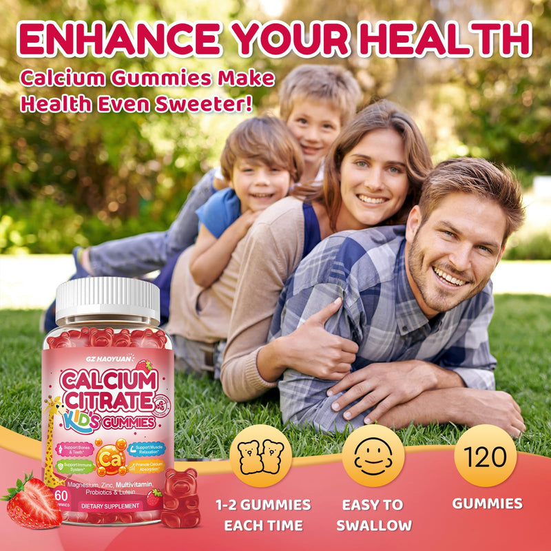 Kids Calcium Citrate Gummies - 1200mg Calcium Gummies Supplements for Women & Men with Vitamin D3, K2, Magnesium, Zinc High Absorption for Bone, Muscle & Immune Support, Strawberry Flavor, 120 Count Strawberry & Kids 60 Count (Pack of 2)