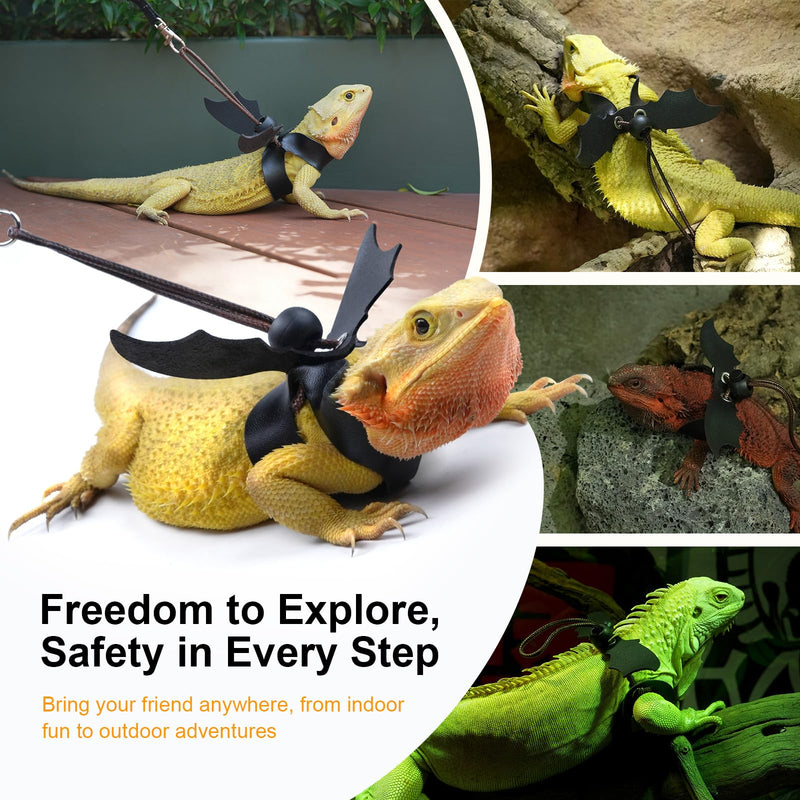 Bearded Dragon Harness and Leash Set, Adjustable Harness Soft Leather-3 Sizes (S, M, L) with Black Wing, Upgrade Lizard Reptile Leash Harness for Bearded Dragon,Lizard, Iguana or Gecko - BeesActive Australia