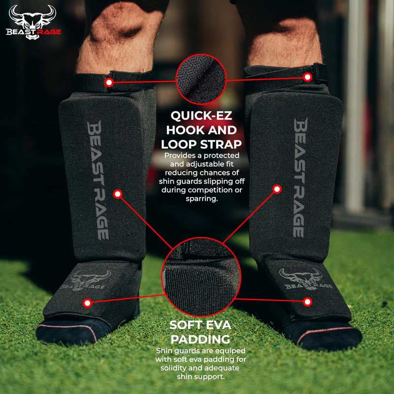 BEAST RAGE Shin Guards for Muay Thai, Kickboxing, MMA Leg Guards Martial Arts Taekwondo, Boxing, Elasticated Sock Padded Leg Instep Pads, Shin Pads,Sparring Training, Karate BJJ BLACK Medium
