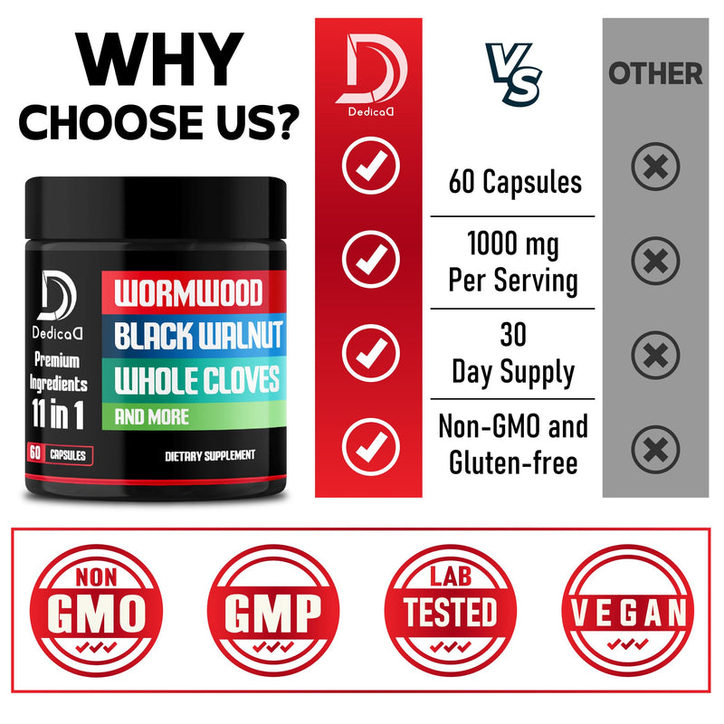Wormwood Capsules Supplement - Extracted from Black Walnut, Cloves, Turmeric, Apple, Berberine HCl & More - 11 Ingredients Combined for Immune System, Body Management - 60 Capsules