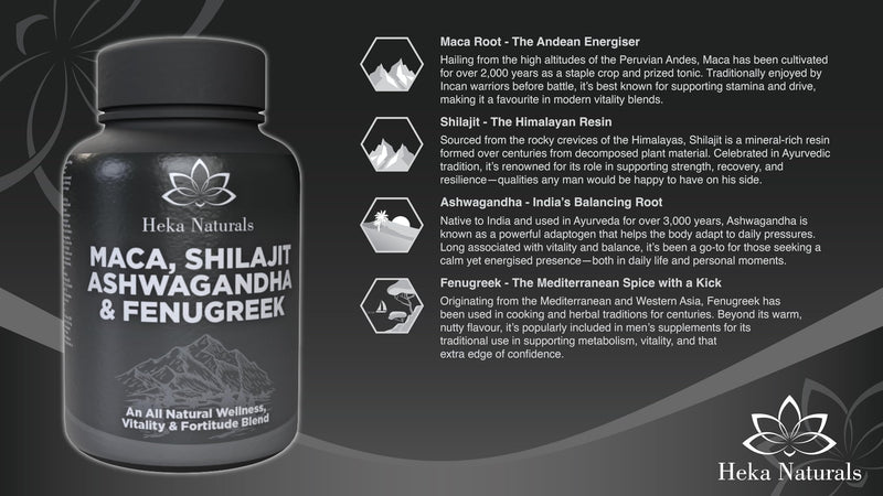 Heka Naturals Male Botanical Complex | 90 Capsules with Ashwagandha, Maca Root, Fenugreek & Shilajit | Traditional Plant-Based Ingredients for Active Lifestyles | Food Supplement