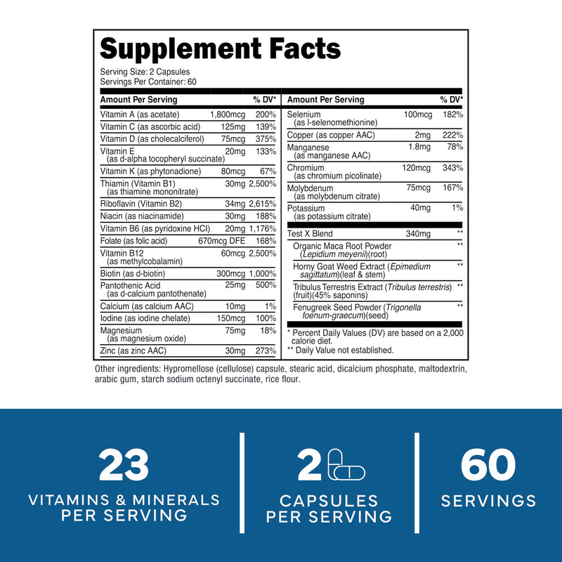 Type Zero Multivitamin Capsules for Men (1200mg) 120 Capsules, Gluten-Free | 23 Vitamins & Minerals, GMO-Free, 60 Servings