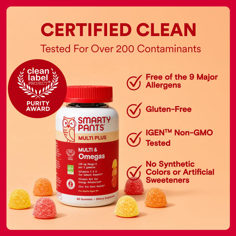 SmartyPants Plus Multi & Omegas Men and Women's Multivitamin Gummies with Omega 3 DHA/EPA, Vitamin D3, C, B12, B6, A, K, Zinc, Biotin, Clean Label, Three Fruit Flavors, 90 Count (30 Day Supply) Adult Mutivitamin Gummies