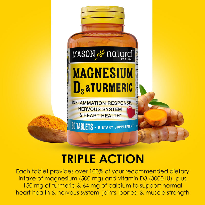 MASON NATURAL Magnesium & Vitamin D3 with Turmeric, 60 Day Supply | 500mg magnesium, 3000 IU vitamin D3, 150mg turmeric & calcium; dietary supplement to support normal muscle, bones & joints