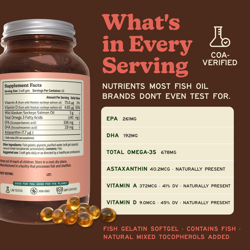 MK Supplements Wild Alaskan Sockeye Salmon Oil, Omega-3 EPA DHA | Tested for heavy metals/rancidity, 90 softgels, EPA and DHA per serving, astaxanthin, vitamins A and D, amber glass