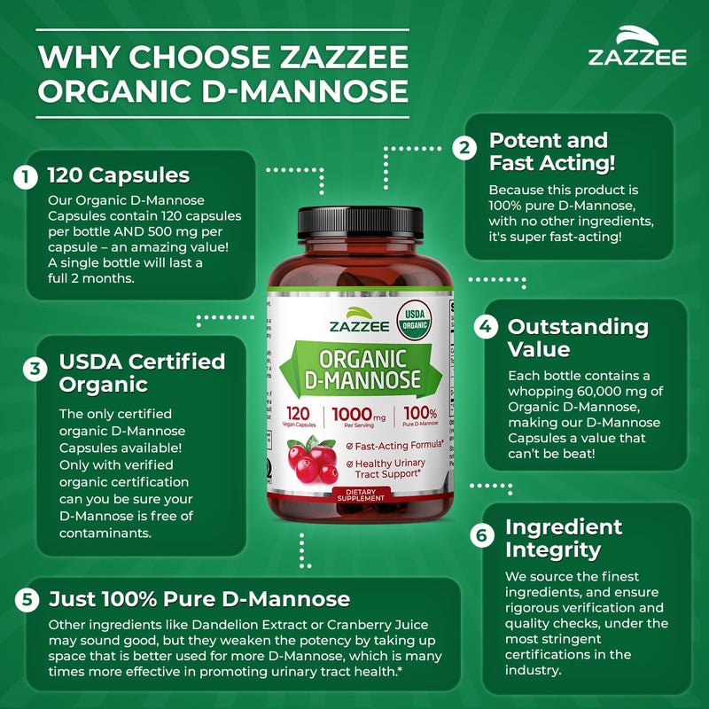 Zazzee USDA Organic D-Mannose, 1000 mg Per Serving, 120 Vegan Capsules, 2 Month Supply, Non-GMO, Urinary Tract & Bladder Support, Potent & Fast-Acting, Lab Tested for Quality & Purity, Made in USA