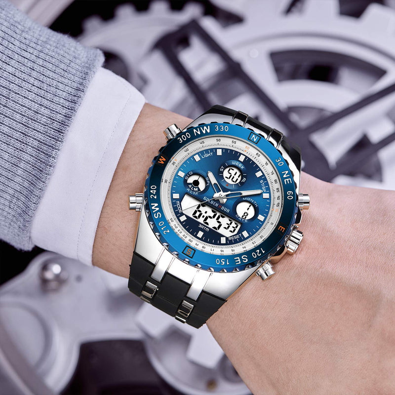 GOLDEN HOUR Luxury Military Sports Men's Watches Large Size Big Face 3ATM Waterproof, Stopwatch, Date and Date, Alarm, Luminous Digital Analog Wrist Watch with Rubber Band silver blue