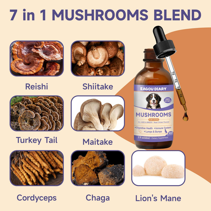 Mushroom for Dogs - with Turkey Tail Mushroom for Dogs, Lion’s Mane, Shiitake, Supports Joint & Gut Health, Enhances Energy, Lumps & Bumps Supplement,Organic Mushrooms Supplement for Dog, 60ml Drop