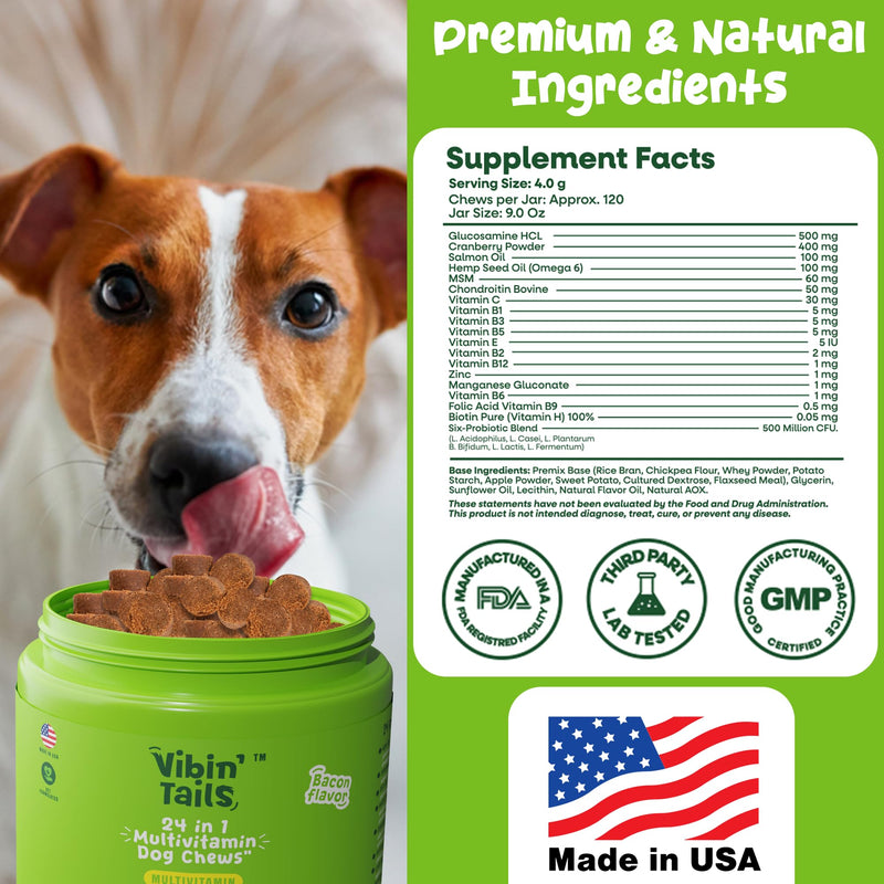 Vibin’ Tails 24-in-1 Dog Multivitamin, Glucosamine Chondroitin Hip & Joint Support, Probiotics & Omega-3, Skin & Coat - Puppy & Senior Chewable Dog Vitamins & Supplements Vet Formulated- 120ct Chicken Chicken - 120 Chews