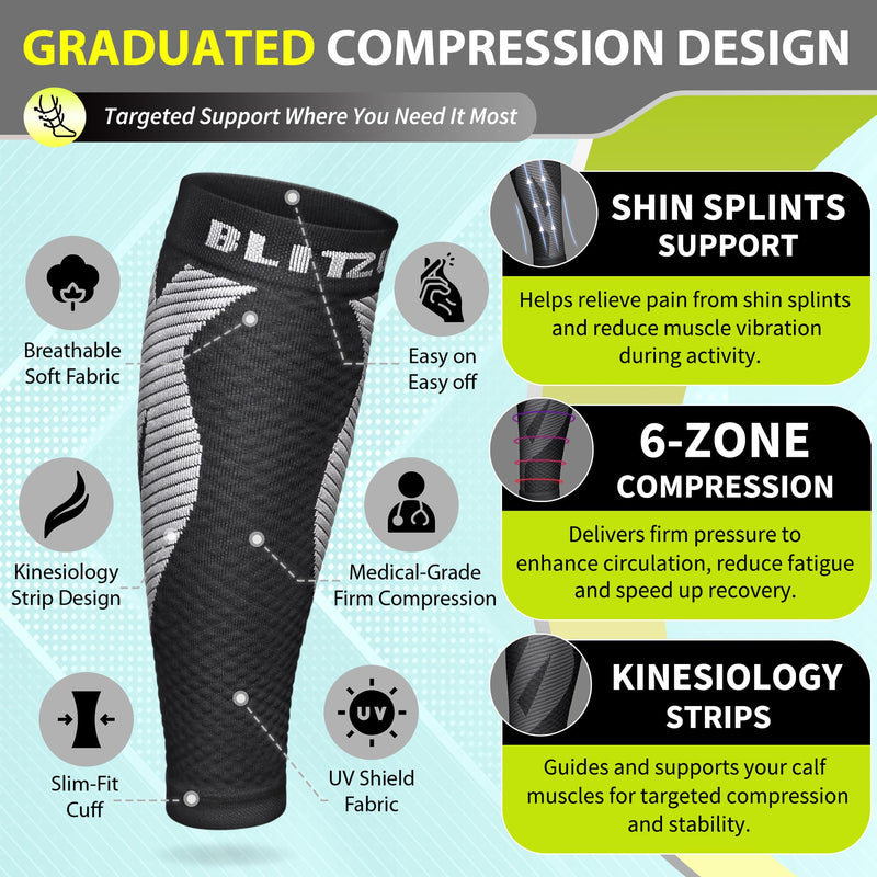 BLITZU Calf Compression Sleeve for Men & Women Footless Compression Socks Support Runners Leg Sleeve Shin Splints Pain Relief Black Small/Medium - BeesActive Australia