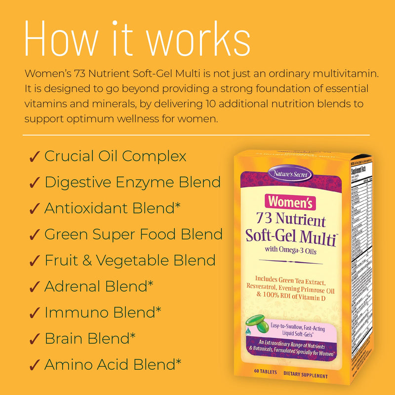 Nature's Secret Women's 73-Nutrient Soft-Gel Multi 60 Liquid Softgels | Women's Daily Wellness | 73-Nutrient Multivitamin | Essential Daily Nutrients | Specially Formulated For Women | 60 Softgels 60 Count (Pack of 1)
