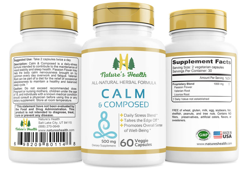 Nature's Health Calm and Composed – Valerian Root and Passion Flower Formula – Daily Stress Relief – Relaxation Supplement – 1000 mg per Serving – 60 Vegetarian Capsules - BeesActive Australia