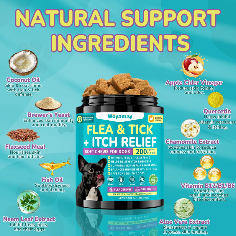 Woyamay Dog Flea Care Bundle – Flea Prevention Soft Chews + Flea & Itch Relief Chews, Skin, Coat & Immune Support, Anti-Itch, Daily Oral Flea Treatment for Dogs