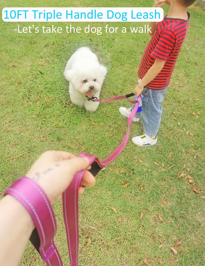 3 Handle Dog Leash, 10FT Triple Handle Dog Leash Reflective Stitching, Three Padded Traffic Handles, Heavy Duty Dog Leash, Training Dog Lead for Control and Safety Pink - BeesActive Australia