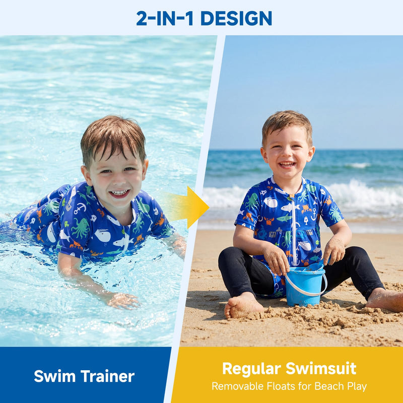 Toddler Swimsuit with Floatation, Baby Boys Girls Floating Bathing Suit Floatie Swim Suit for Summer Beach 5-6T/18-20kg/40-45lbs Blue White - BeesActive Australia
