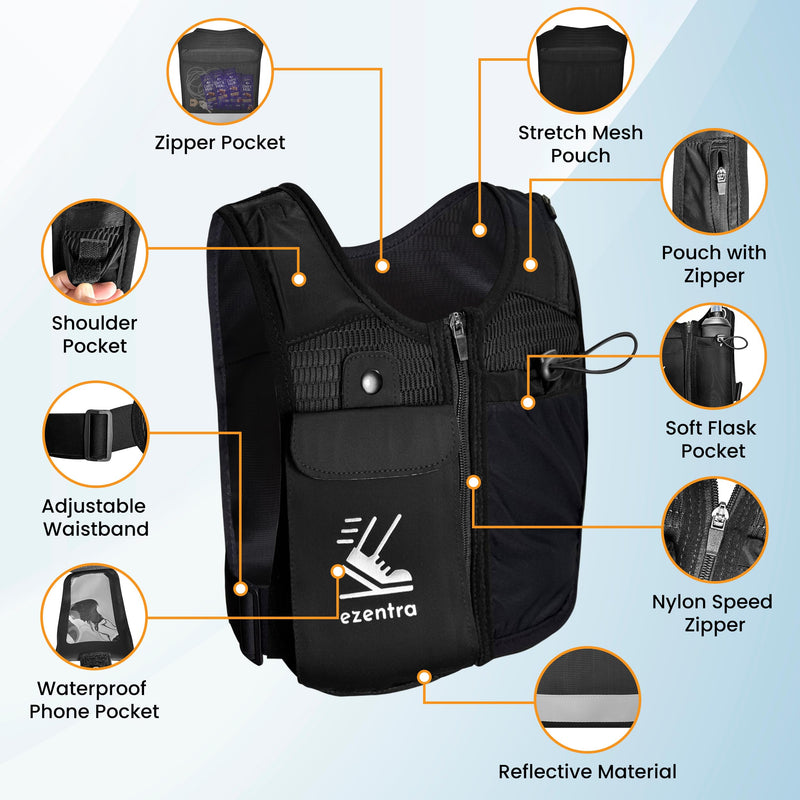 Running Vest Zip, Reflective Running Vests with 6 Pockets, 500ml Hydration Bottle, Adjustable Chest & Waistband, Breathable Material, Chest Pack Gear, Phone Holder, Men & Women Black XS- Small