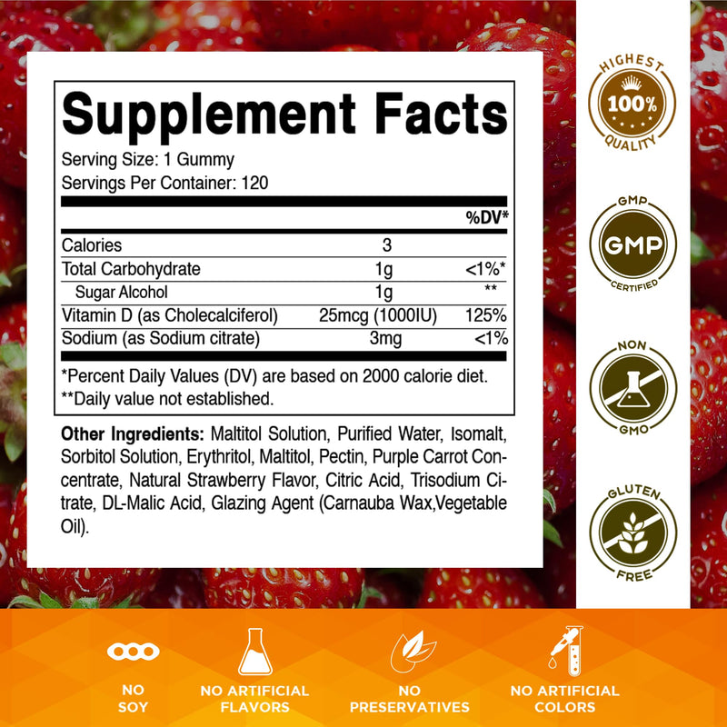 Vitamatic Sugar Free Vitamin D3-120 Pectin Based Gummies - Great Taste - Healthy Bones, Mood & Immune System Function - Non-GMO - 120 Servings (1000 IU) | Natural Strawberry Flavor, Sugar Free, Non GMO, Gluten Free 1000 IU