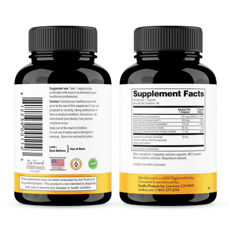 Vitamin D3 K2 5000 IU 120mcg Magnesium Zinc B6 Quercetin Capsules 60 Count | 6-in-1 D3+K2 Supplements Supports Bone, Immune, Energy And Muscle Health, Gluten-Free, 2-Month Supply, USA Made by Sandhu's 60 Count (Pack of 1) 5000 IU Capsules