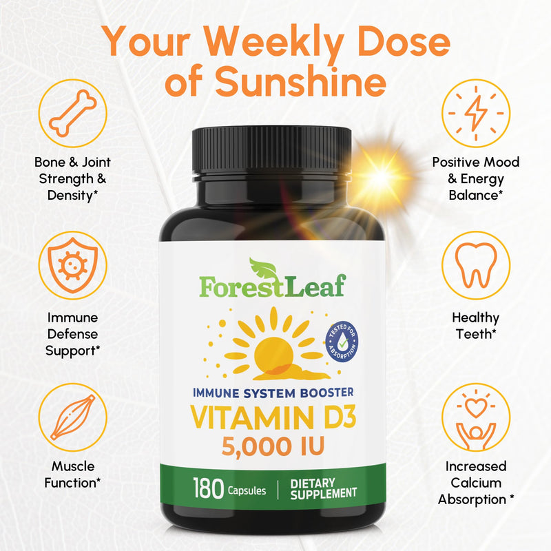 ForestLeaf Vitamin D3 5000 IU | VIT D - VIT D3 Vitamin D Supplements for Women and Men | Bone Health, Teeth and Immune Support | Easy to Swallow Pills | One Capsule Daily, 6-Month Supply, 180 Count 5,000 IU - 180 Count