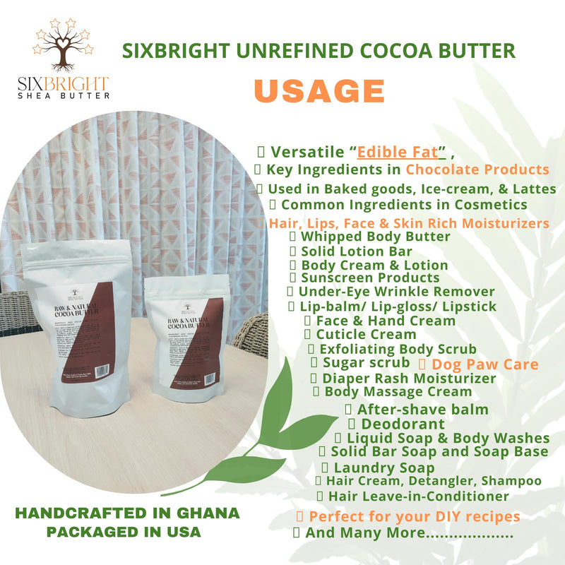 Sixbright Unrefined Cocoa Butter –16 oz | 100% Pure, Food Grade- Natural Moisturizer for Dry Skin, Fades Stretch Marks & Scars ,For Skin, Hair, DIYs. Chocolate Aroma Solid - BeesActive Australia