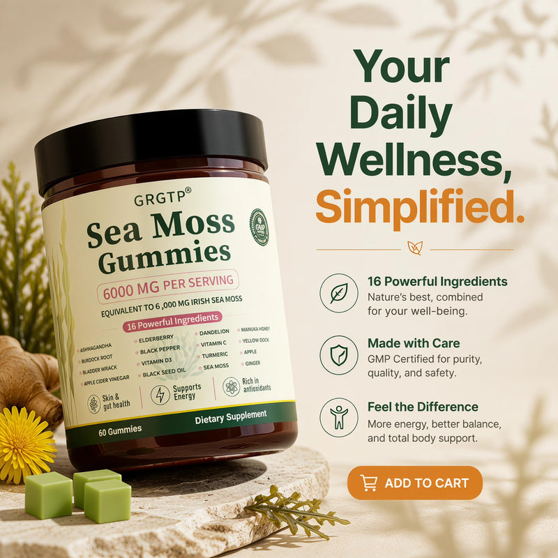 Sea Moss Gummies 16-in-1 - Ashwagandha Black Seed Oil Bladder Wrack Turmeric Vitamin C & D3 with Manuka Burdock Root Dandelion Yellow Dock Natural Detox & Liver Health Immune Support, Energy Boost