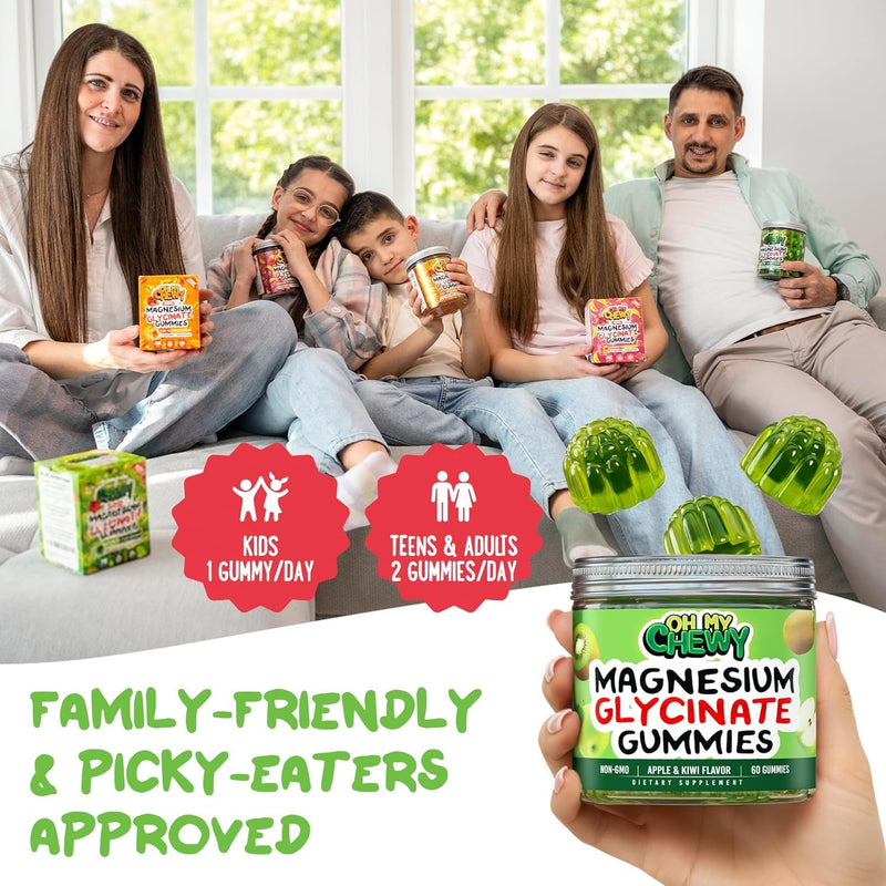 Magnesium Glycinate Gummies Supplement - Support for Sleep, Calm, Relax | Center-Filled, High Absorption for Kids, Teens & Adults with B6 & D3 - Gluten Free & Vegan Friendly 60 Count (Apple & Kiwi)