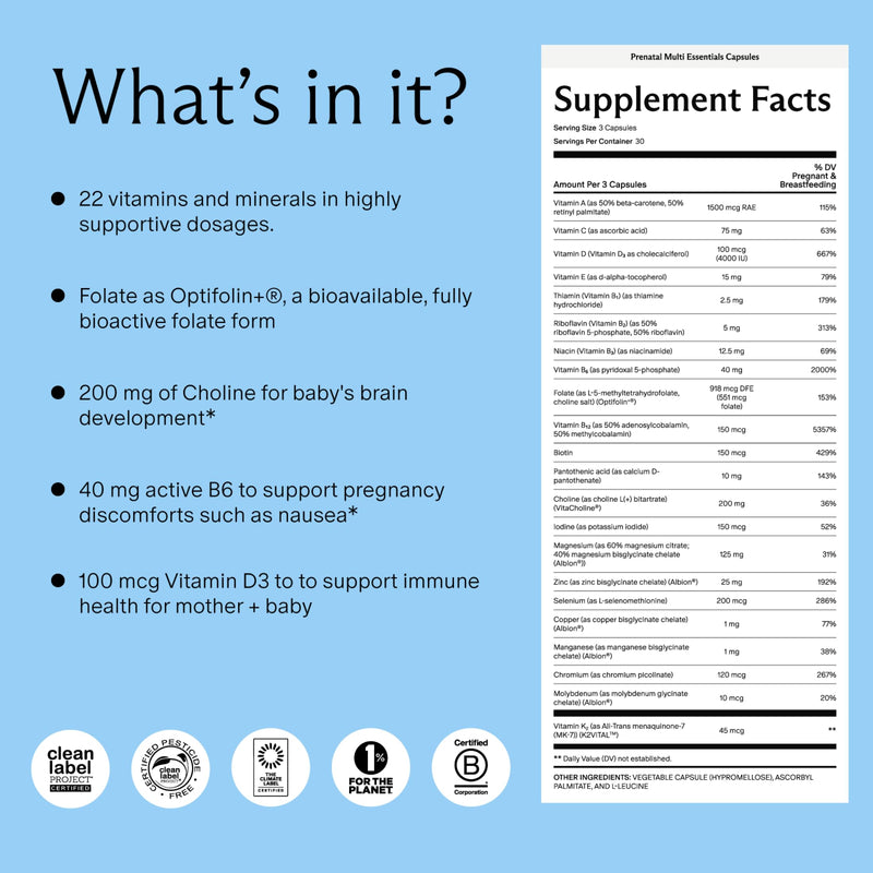 Needed. Multivitamin for Prenatal, Prenatal Multi Essentials Capsule | Pregnancy, Breastfeeding, Postpartum, Expertly-Formulated & Third-Party Tested, Citrus Scent Insert, 30-Day Supply Citrus Insert