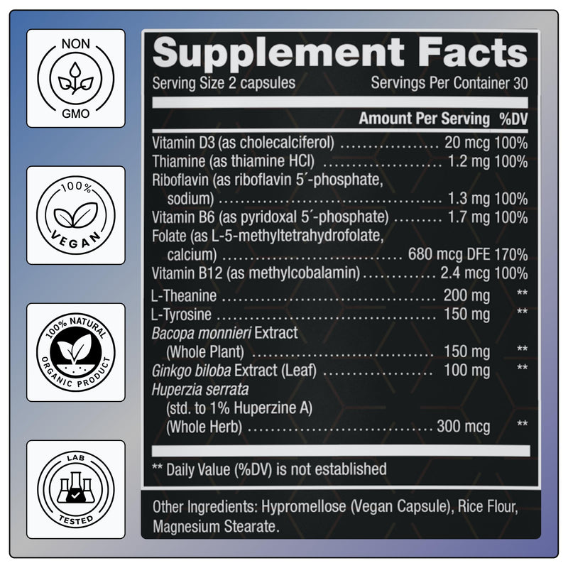 11-in-1 Methylated B-Complex Supplement: 680mcg L-Methylfolate(5-MTHF) Thiamine(B1) Riboflavin(B2) Pyridoxal(B6) Methylcobalamin(B12) - Vitamin D3 + Nootropics - 1,100mg+ Serving - 60 Count
