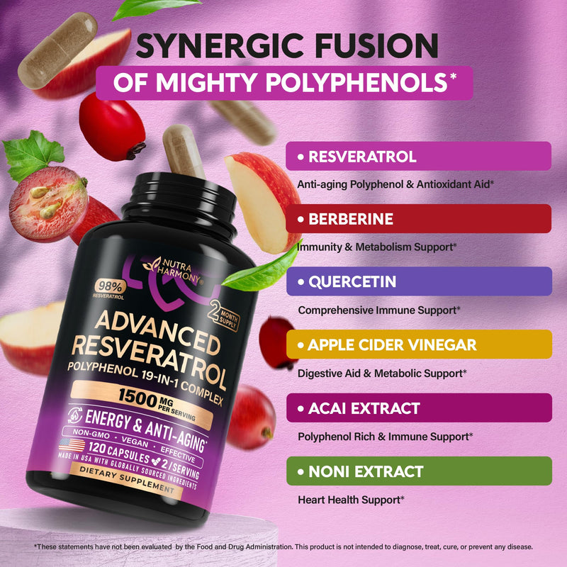 Resveratrol Supplement - 19-in-1 Organic Polyphenol Complex - Noni Extract | Berberine | Quercetin | Apple Cider Vinegar | Acai - Made in USA - Antioxidant & Heart Health Support - 120 Capsules