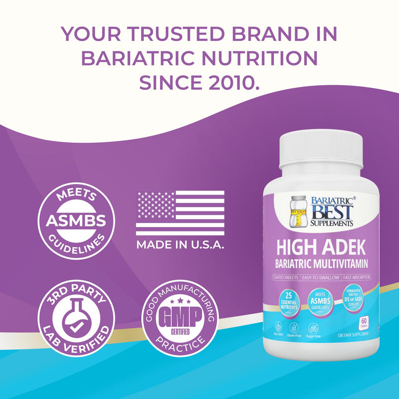 High ADEK Bariatric Multivitamin | DS, SADI & BPD/DS Surgery | Fat-Soluble Vitamins A D E K | 25 Essential Nutrients | ASMBS Compliant | Made in USA | 60 Tablets — 1 Month Supply