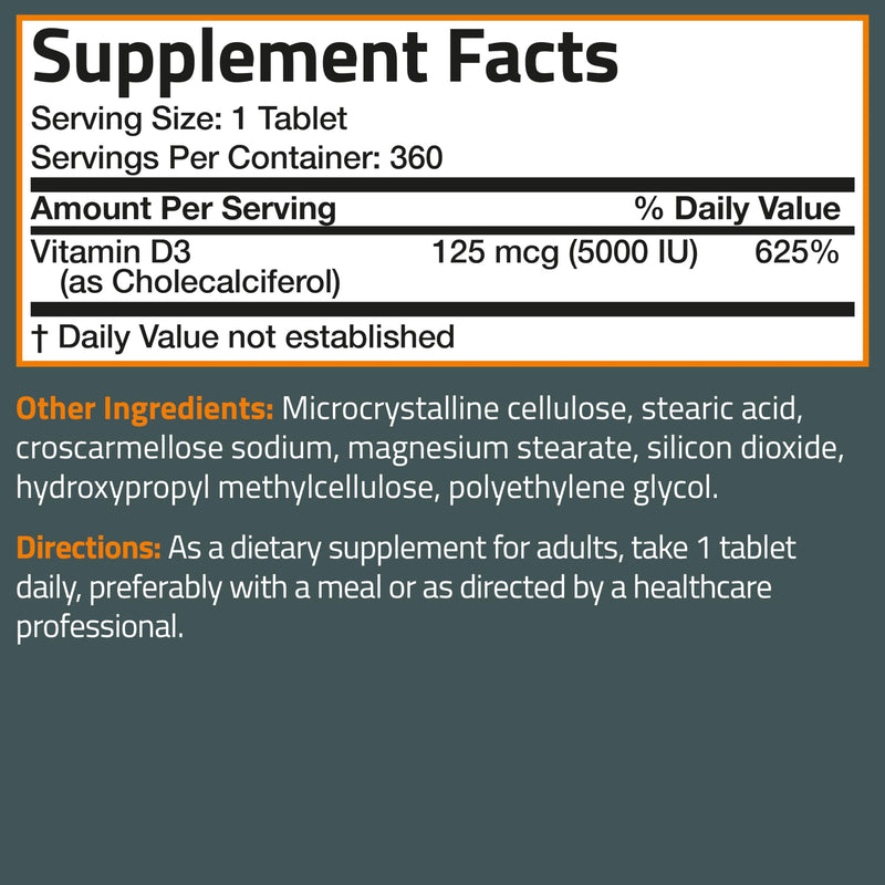 Bronson Vitamin D3 5000iu (125mcg) 1 Year Supply for Healthy Muscle Function and Immune Support, Non-GMO, 360 Tablets - BeesActive Australia