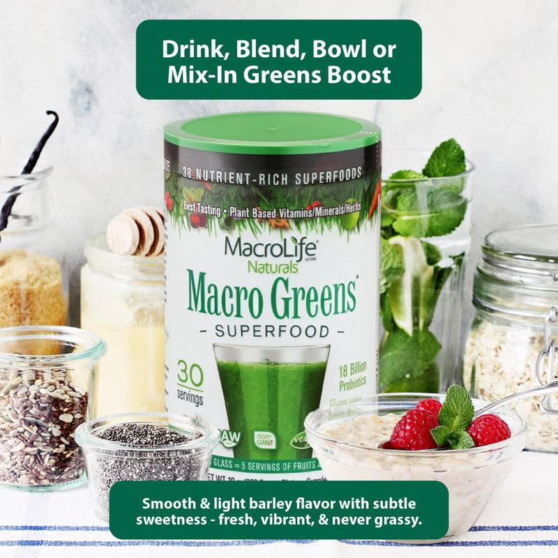 Macro Greens Powder, 10oz | Vegan, Digestive Enzymes, Adaptogens, 18 Billion CFU Probiotics, Non GMO, Vegan, Gluten & Dairy-Free, 30 Servings 10 Ounce (Pack of 1)