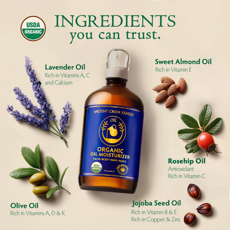 Organic Body & Face Oil for Dry Skin, Natural After Shower Moisturizer 8oz | Hydrating Cold Pressed Blend of Almond, Olive, Jojoba, Rosehip, Vitamin E & Lavender Oils, Scented Facial & Body Oil 8 Fl Oz (Pack of 1)