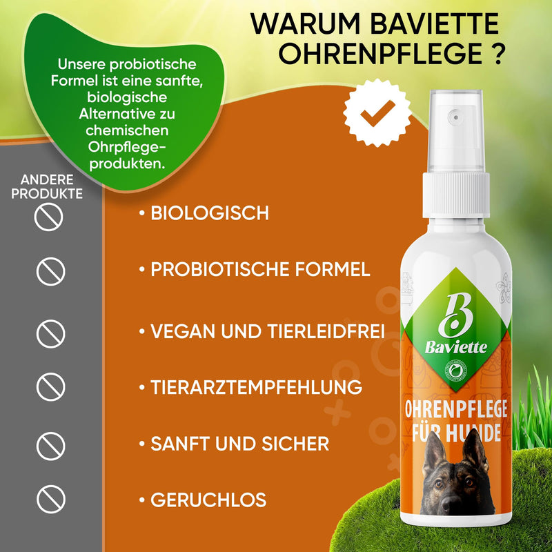 Baviette Dog Care – 100 ml Natural Ear Cleaner for Dogs – Gentle Microorganism-Based Spray, Probiotic-Inspired Formula – For Outer Ear Care, Odourless, Alcohol-Free & pH-Neutral