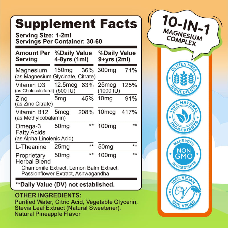 Kids Magnesium Liquid Drops - Liquid Magnesium Glycinate for Kids, Citrate Supplement with L-theanine, Omega-3, Vitamin B12, D3 for Sleep, Calm, Relaxation, Brain, Bones, Pineapple 2 Fl Oz 2 Fl Oz (Pack of 1)