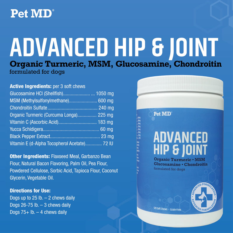Pet MD Glucosamine for Dogs | Dog Joint Supplement with Glucosamine, Chondroitin & MSM - Inflammatory Pain Relief Chews for Hip & Joints - Bacon Flavored - Includes Yucca & Turmeric - 120 Ct - PawsPlanet Australia