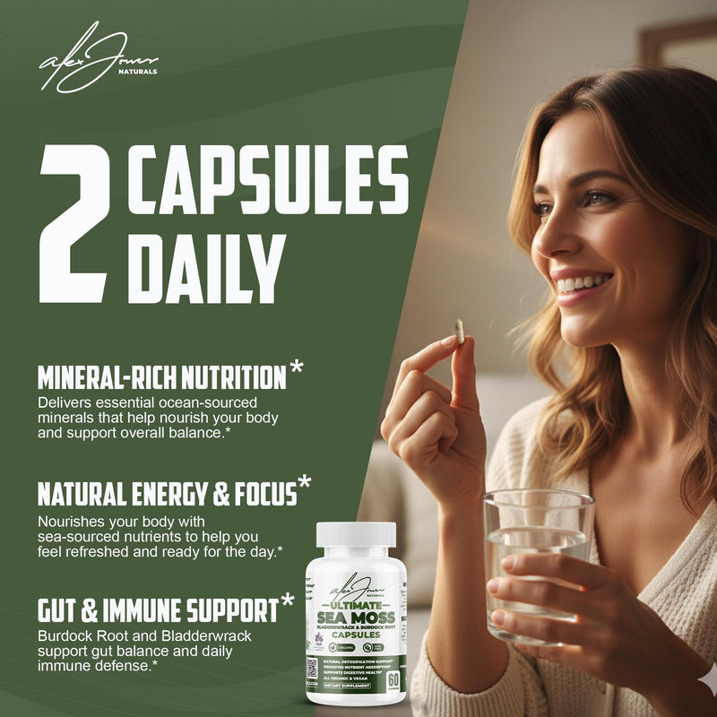 Alex Jones Organic Irish Sea Moss Capsules, Bladderwrack & Burdock - 60 Ct | Organic Irish sea moss with bladderwrack, burdock root & black pepper for immune, energy & digestive wellness Seamoss Capsules